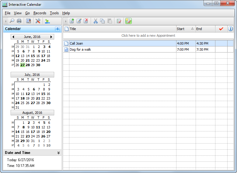 Interactive Calendar Online Help Main window